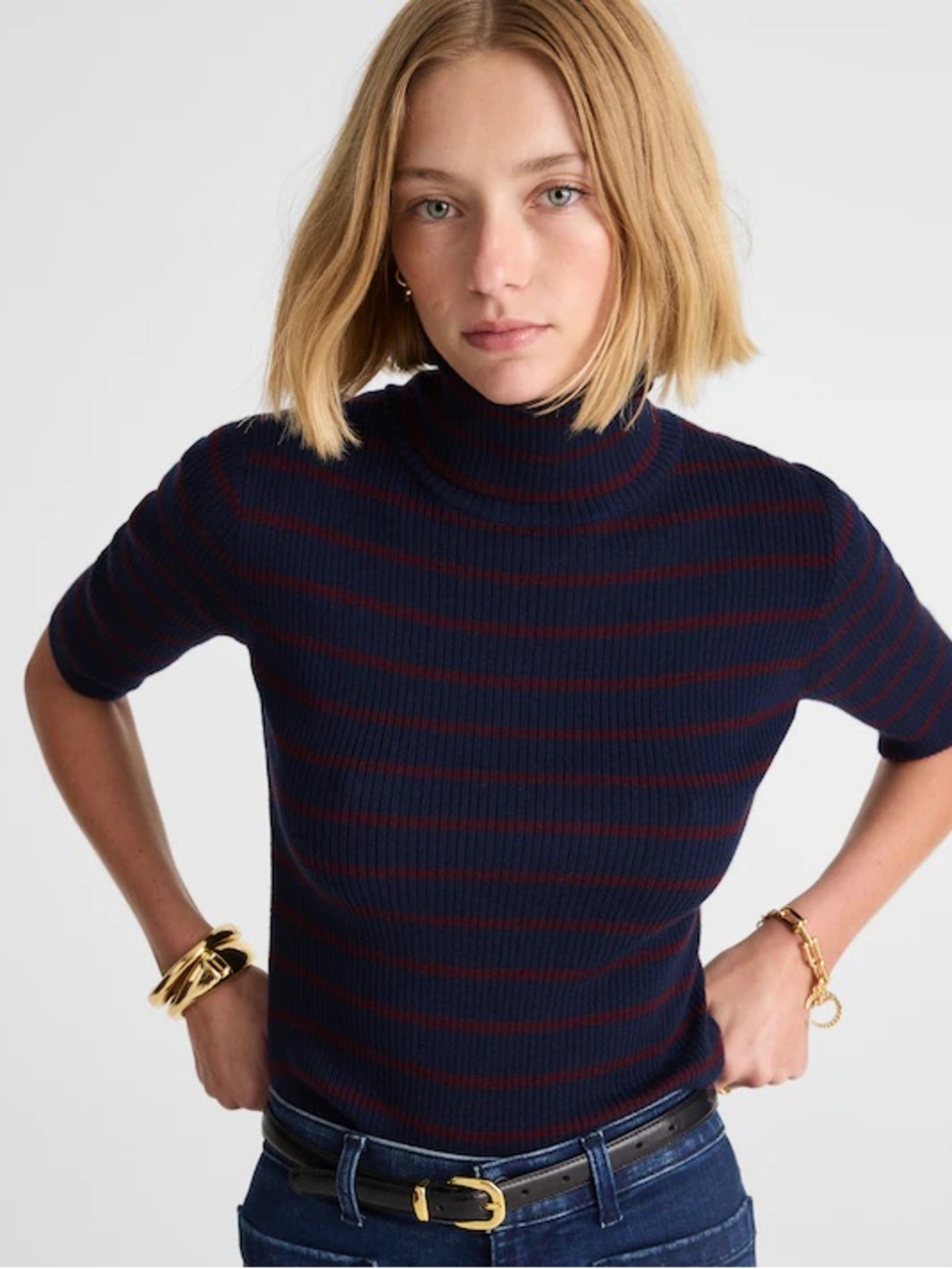Madewell Ribbed Turtleneck Tee in Merino Wool in Deep Navy Stripe Size XL